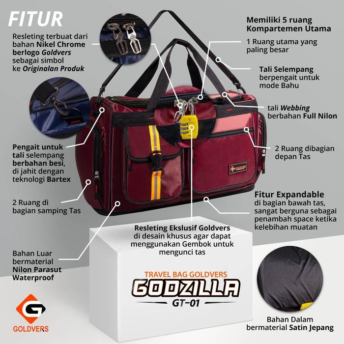 t01z- Travel Bag Polo Goldvers Ori Import Tas Gym Godzilla Anti Air 2In1 Bisa Selempang Bisa