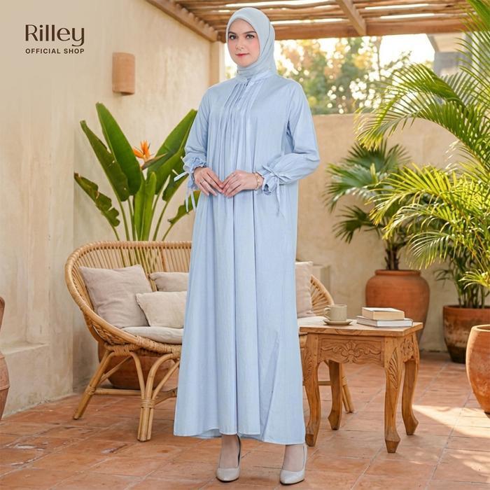 RILLEY - Gamis Rahma | Gamis Zipper Depan Bahan Adem | Gamis Wanita Bahan Poplin Polos - Biru, M