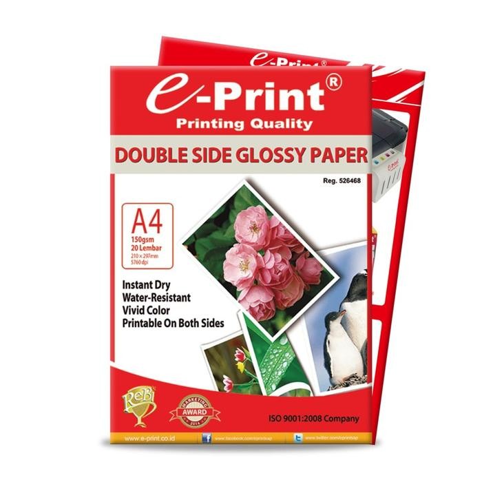 

Pilihan- Kertas Foto E-Print Double Side Glossy 150 Gsm A4 Isi 20 Lembar