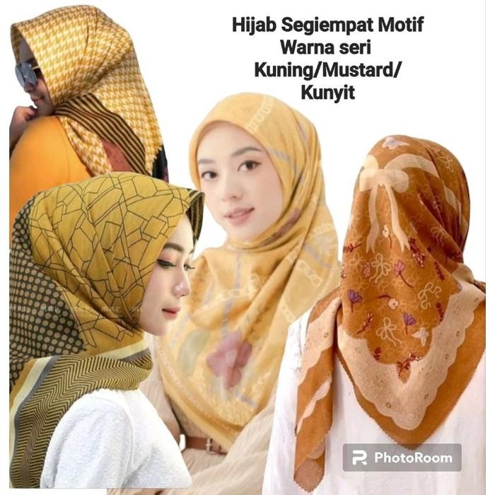 ASLI Hijab Segiempat Motif Seri Warna Kuning/Mustard/Kunyit/Lemon READY STOCK