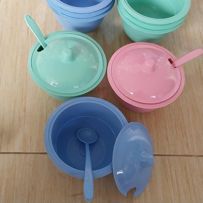 Tempat Wadah Sambel Mangkuk Plastik Tutup + Sendok Warna