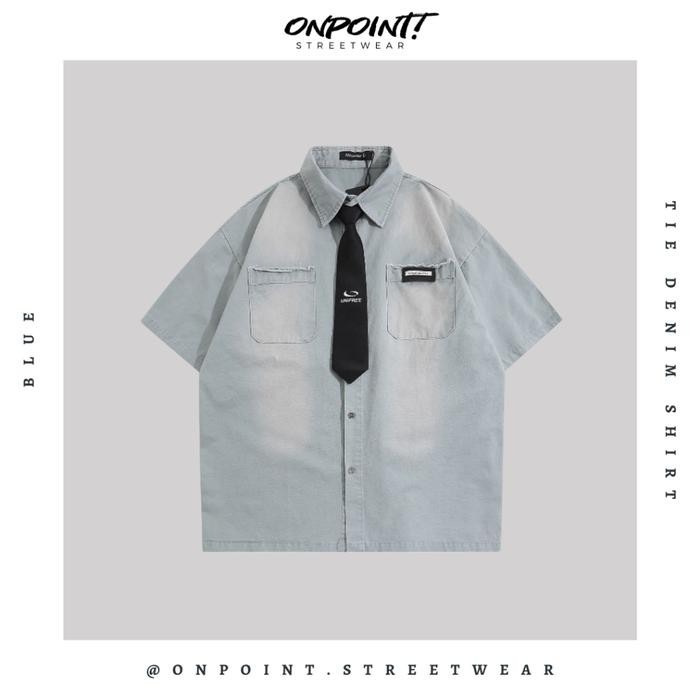 Tie Denim Shirt - Kemeja Denim Pria Kemeja Jeans Wanita Oversize Gaya Korea Sablon Premium Jumbo Hem