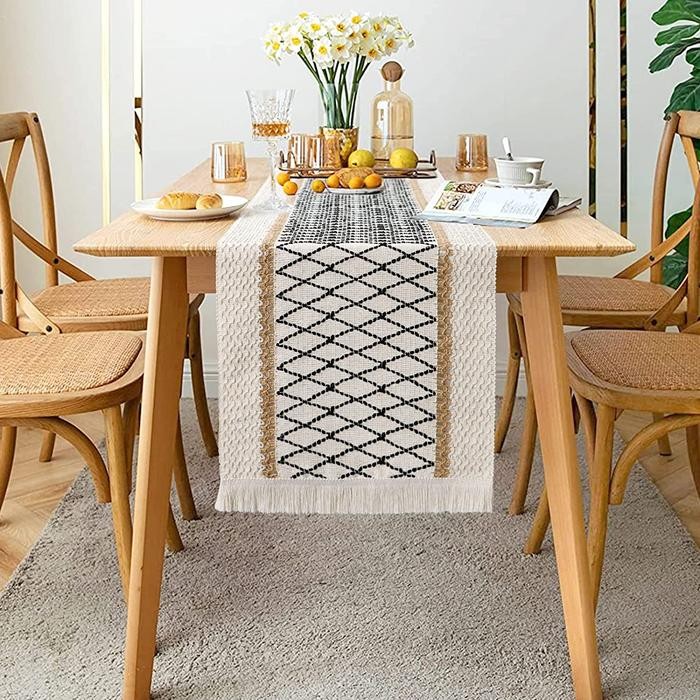 Table Runner Meja Makan Table Runner Premium Rajut Black Strip