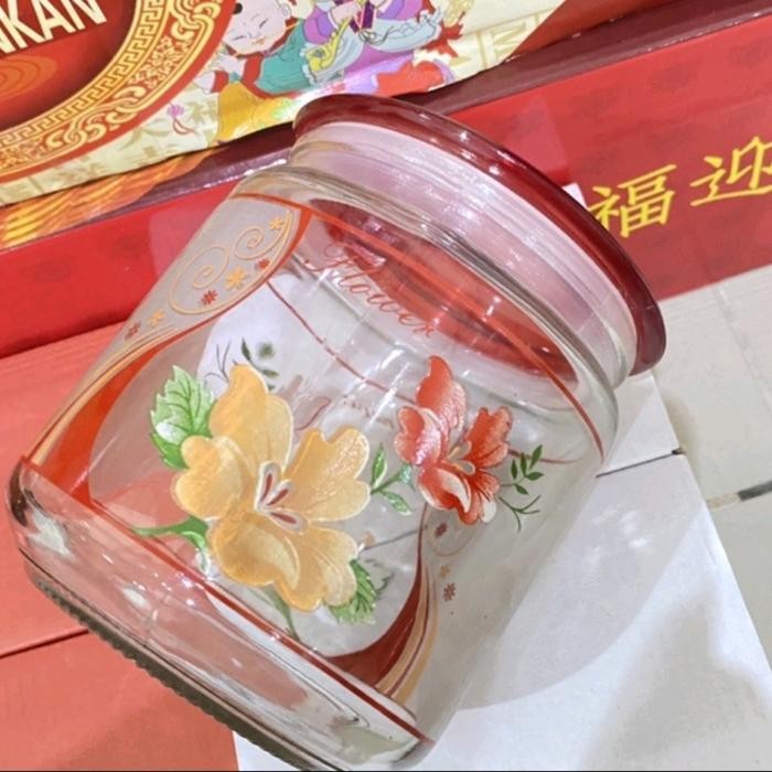 Toples Kaca Kue kering Kedap Udara Motif bunga merah Toples Lebaran