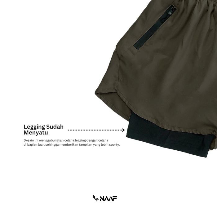 0k9y- Naaf Celana Running Legging 2In1 Pendek Olive Pria Wanita Sport Lari Badminton Outdoor