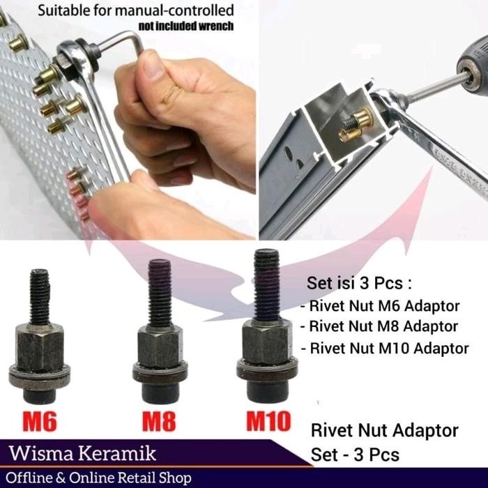 Rivet nut adaptor set 3 pcs, kepala tang rivet nut set M6, M8, M10