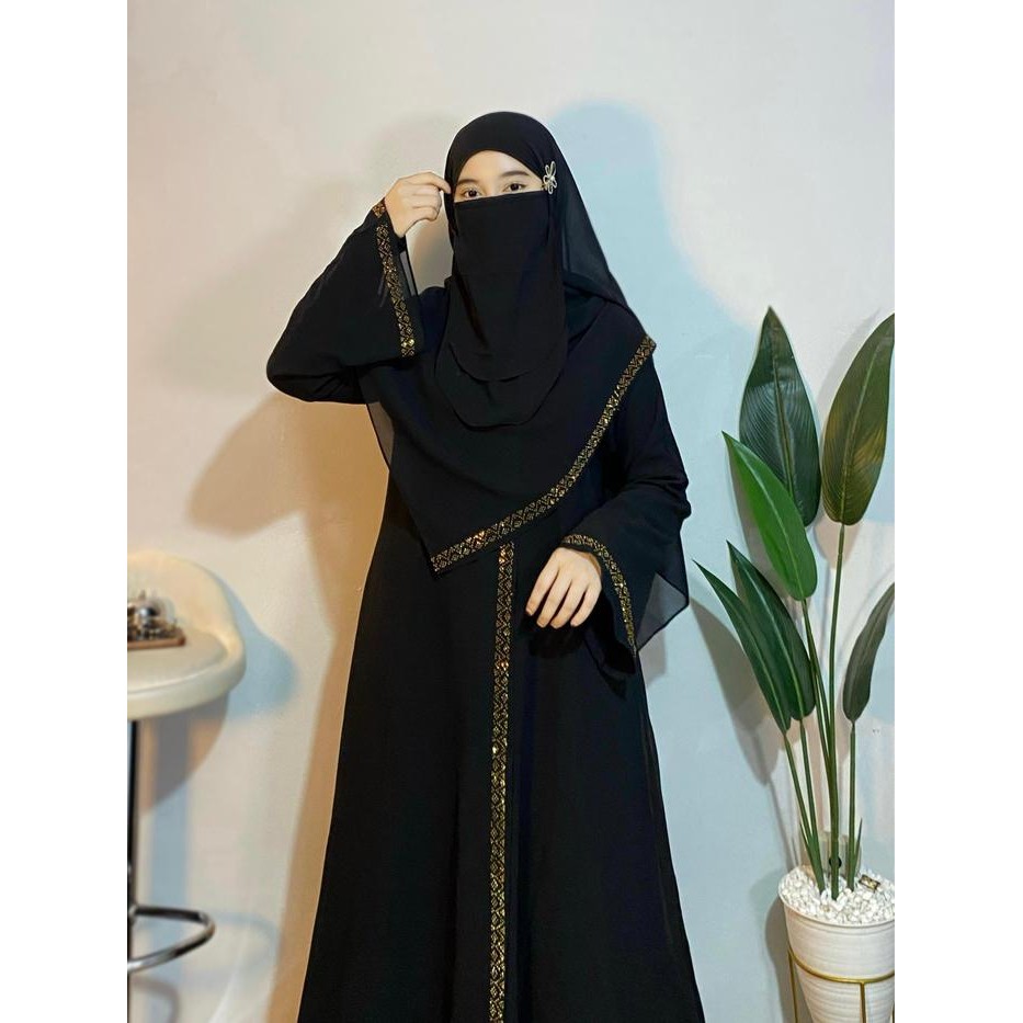 New Majidah - Abaya Dubai Set Hijab Pashmina Dan Cadar Syari Hiasan Hotfix Manik Ceruti Baby Doll