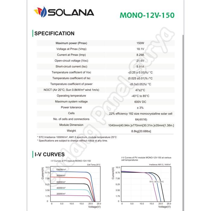 2n3v- Panel Surya Solar Panel Solarcell Solana Mono 150Wp 150 Wp