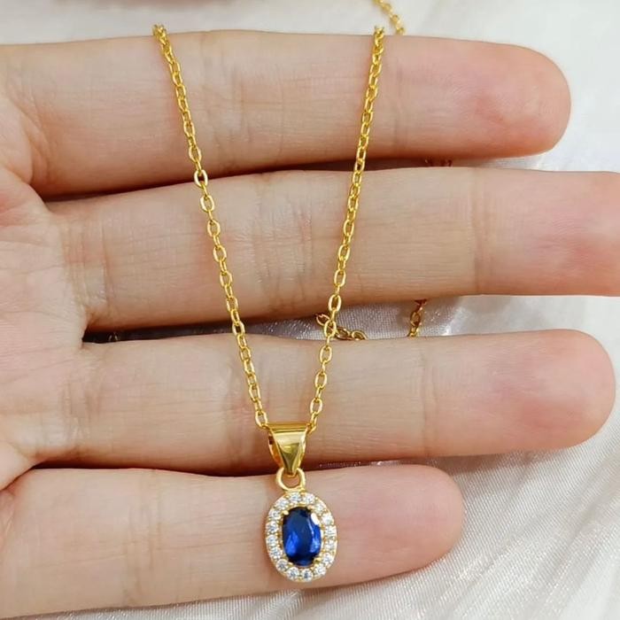 Set Kalung Liontin Oval Permata Biru Koleksi Josean Elegant Emas Asli