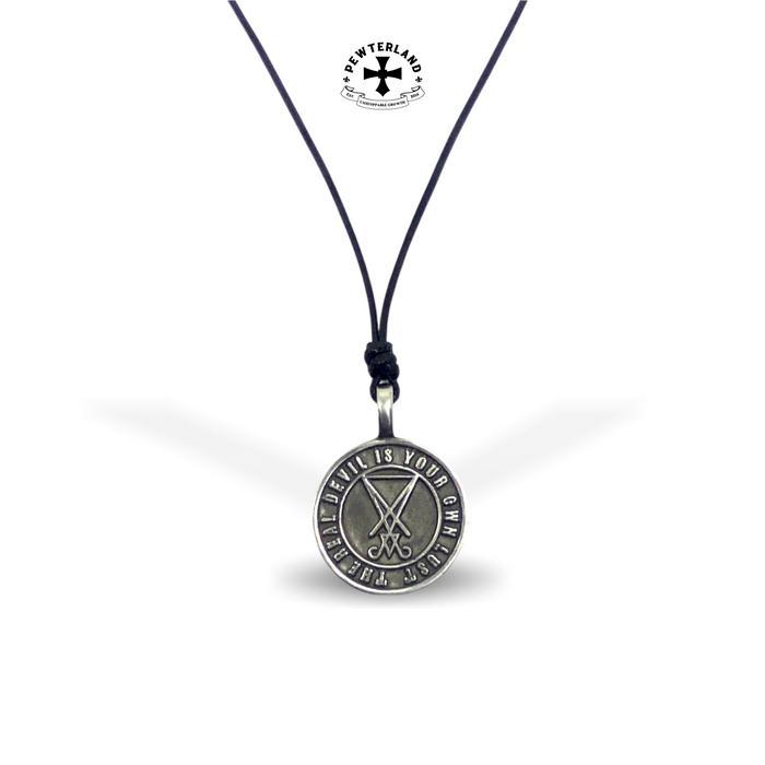 Pewterland Pendant 2D Sigil of Lucifer KAlung tengkorak logam timah tali serat kulit hitam pria wani