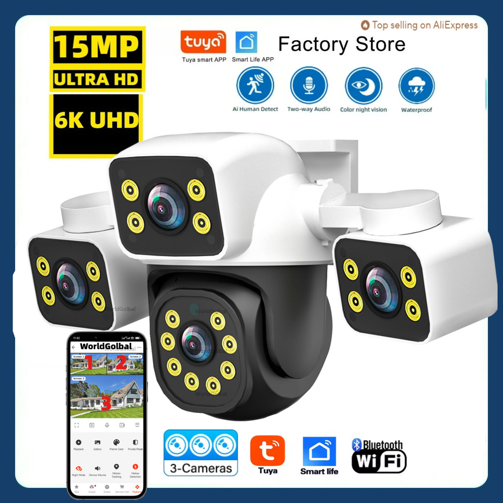 Tuya 15MP Three Lens 10MP Dual Lens Tuya Wifi Camera PTZ Outdoor Wireless Security Camera AI Human