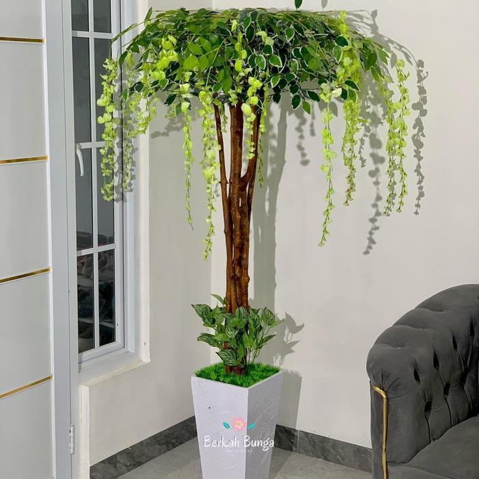 Pohon wisteria artificial~ hiasan dekorasi rumah kantor~ pohon pojok tanaman gantung plastik - Hijau