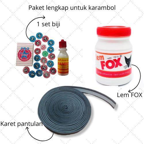 Paket untuk meja karambol 1 Lem FOX 150gram/1 Karet pantulan/1 Set Biji