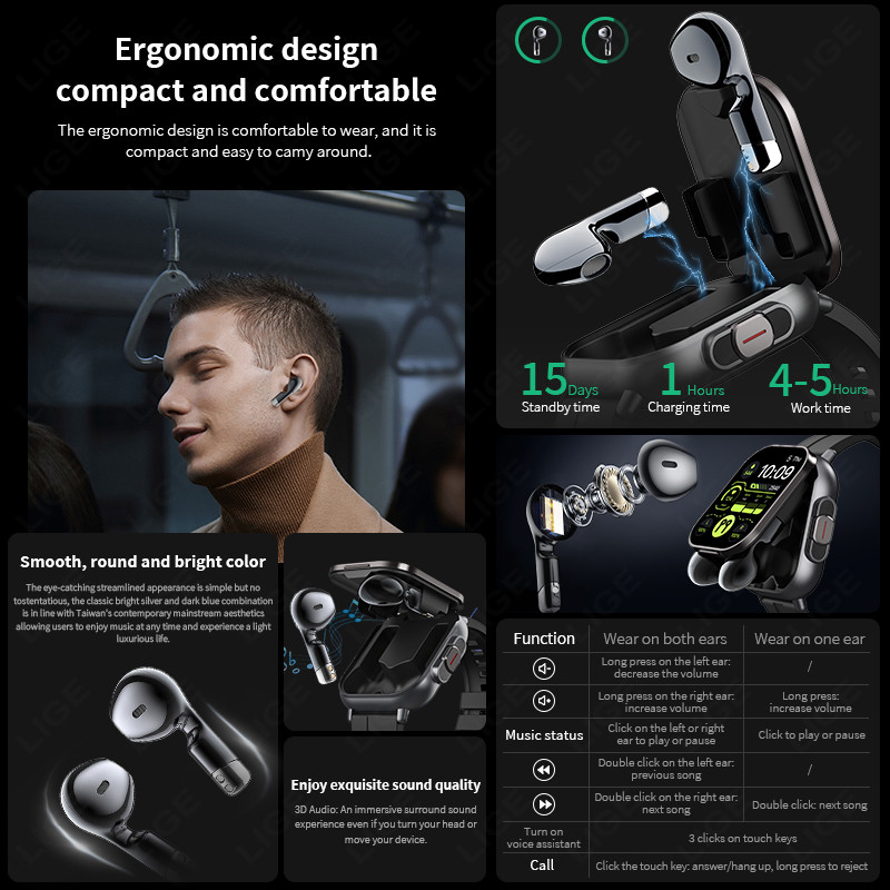 LIGE New TWS 2-in-1 With Headset Smart Watch Bluetooth Call Men Watch GPS Track SmartWatch Heart