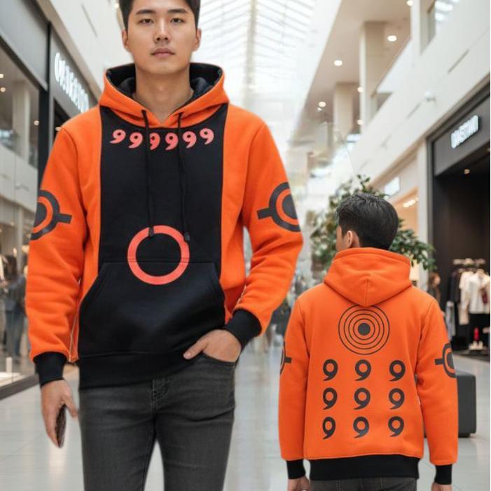 Sweater Hoodie anime cosplay Naruto Rikudo hitam Oren Pria wanita