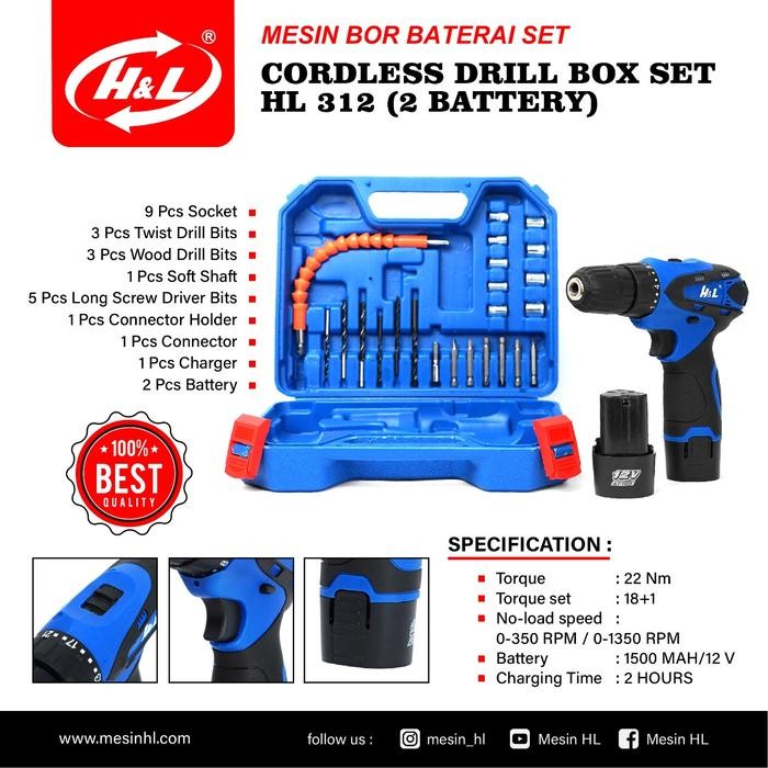 Mesin Bor Cordless H&L Hl 312 2 Baterai Cordless Drill Box Set