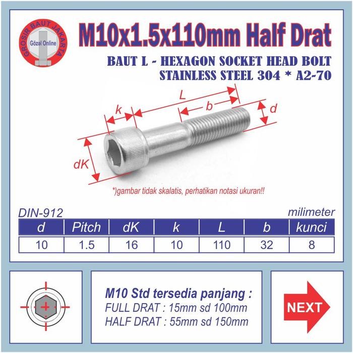 Baut L Ss304 - M10 X110Mm Half Drat - Kunci L 8Mm - Stainless Sus 304