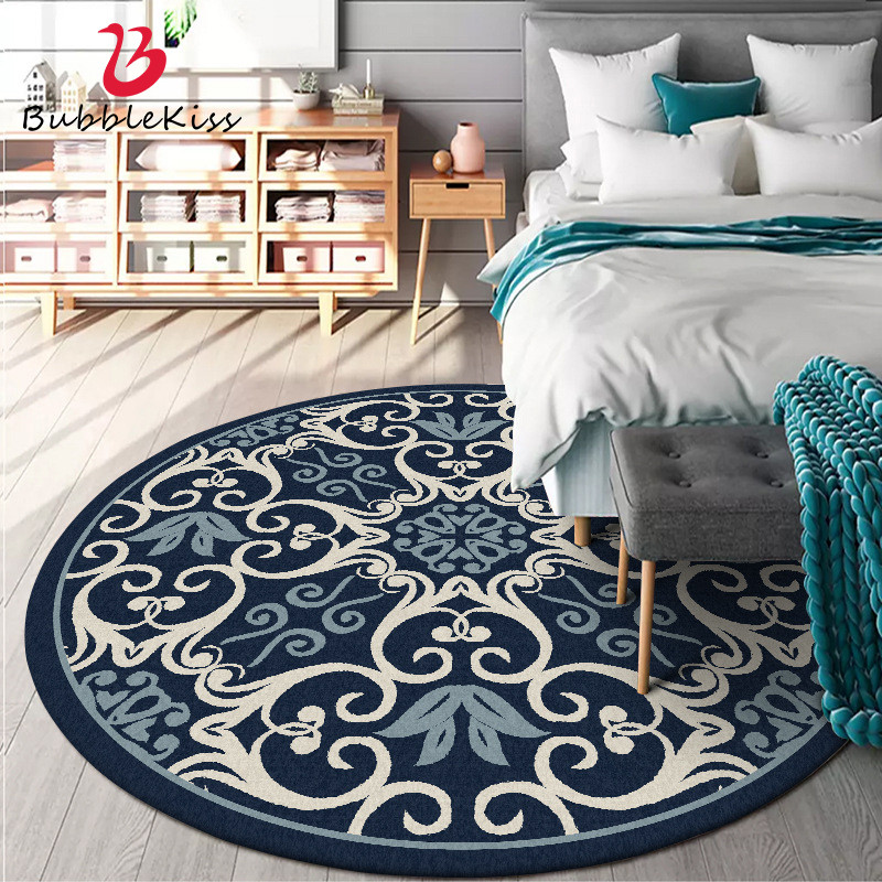 Bubble Kiss Retro Classic Style Round Living Room Carpet Home Non-Slip Bedroom Decor Dark Blue Area 