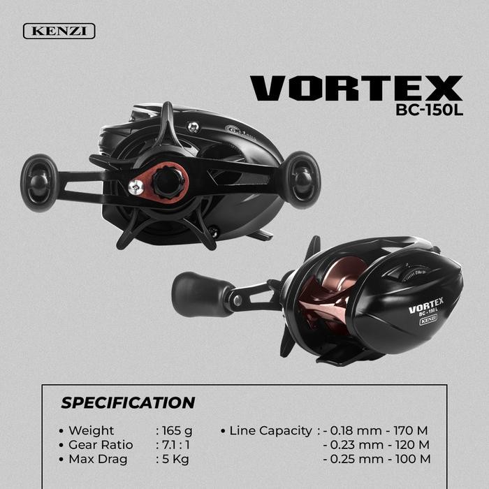 READY Reel Bait Casting BC Kenzi Vortex BC 150L Graphite Body Aluminum Handle Bonus Pelumas Reel