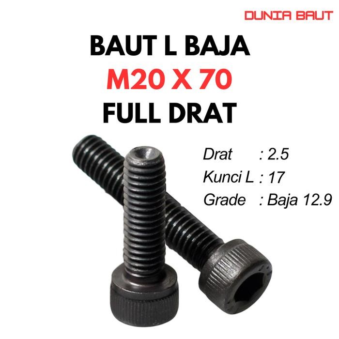 [Pesanan Bu Eva] 12.9 Baut L Baja M20X70 / 20X70 / M20 X 70 / 20 X 70 FT - Black Hex Socket Head Cap