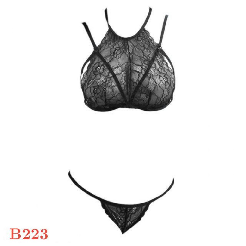 B223 - Bra Set Bralette Hitam Transparan Cup Openable Celana Dalam