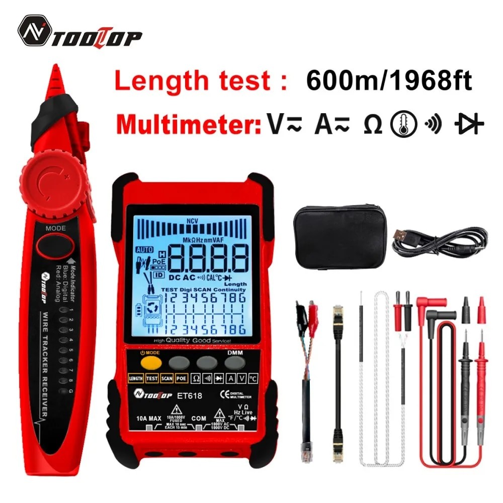 Terbaik TOOLTOP Network Cable Tester Multimeter Lan Cable Tracking POE Test 400M/600M Length Measure