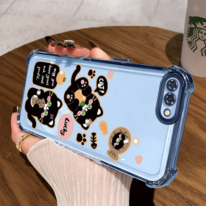 Casing Hp untuk OPPO A5 A3s A12E Realme C1 Case Kucing hitam Kasing Perlindungan jatuh Warna laser A