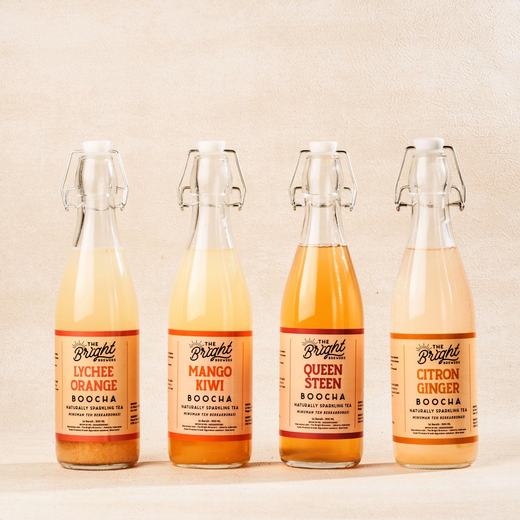 Kombucha Teh Fermentasi The Bright Brewers Bundle 4 botol 500 ML - Lychee Orange - Mango Kiwi - Quee