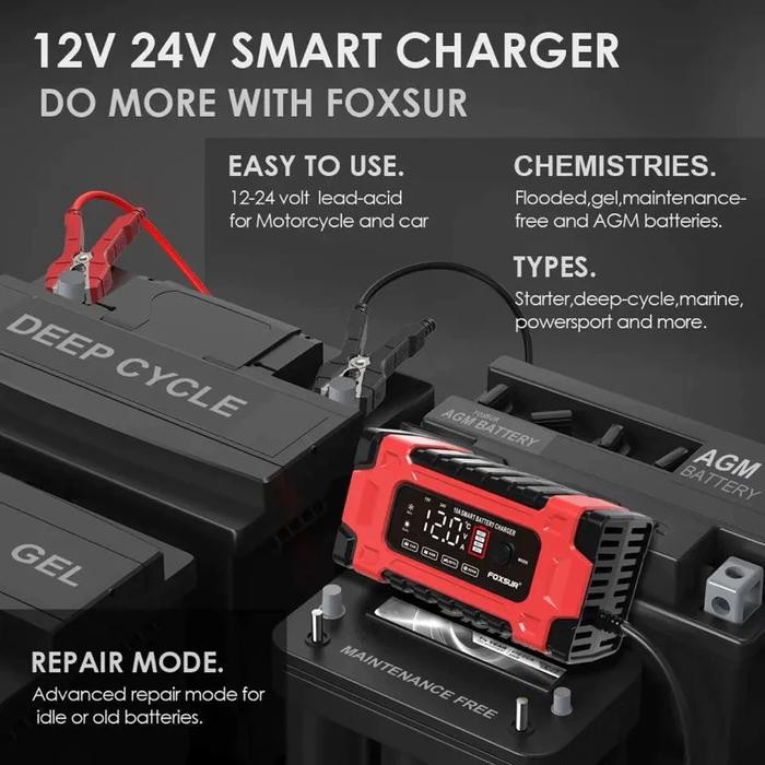 Charger Aki Accu Mobil Motor Truk FOXSUR 12V 10A - 24V 5A Smart Fast Charging Repair Mode 7 Stage