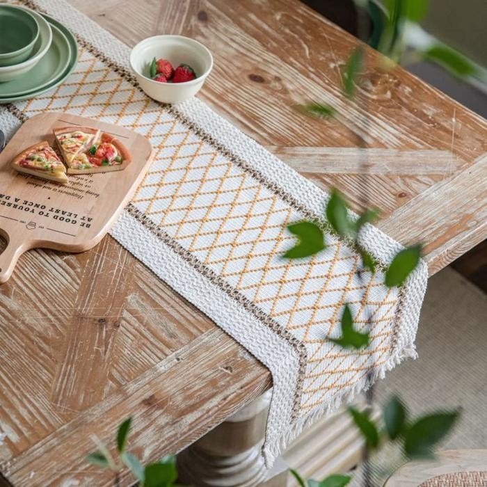 Table Runner Meja Makan Table Runner Premium Rajut Yellow Strip