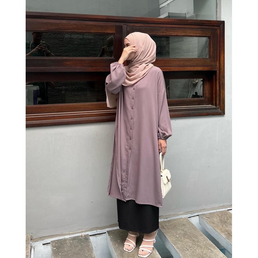 Pilihan- Elmiza - Alesha Tunik Bahan Premium Shine Lux Simple Elegan Long Tunik Full Kancing