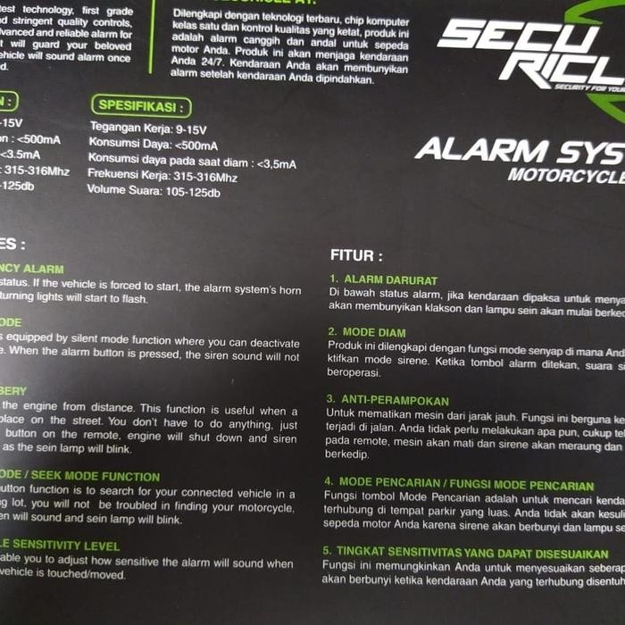 Alarm Nine 9 Luminos + Remote Secure Ricle + Baterai Cadangan