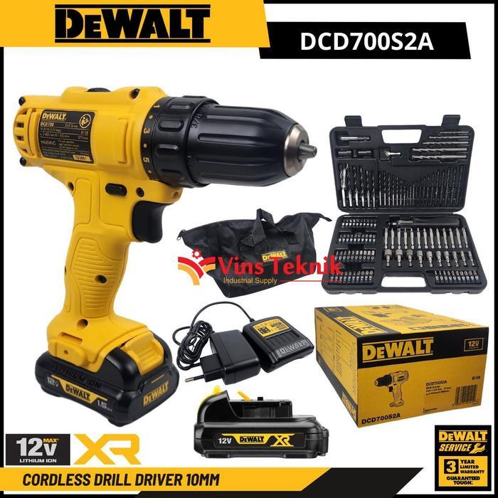 DEWALT DCD700S2A Mesin Bor Besi Kayu Baterai Cordless Drill Driver 12V With Drill Bit Kit Set 109Pcs