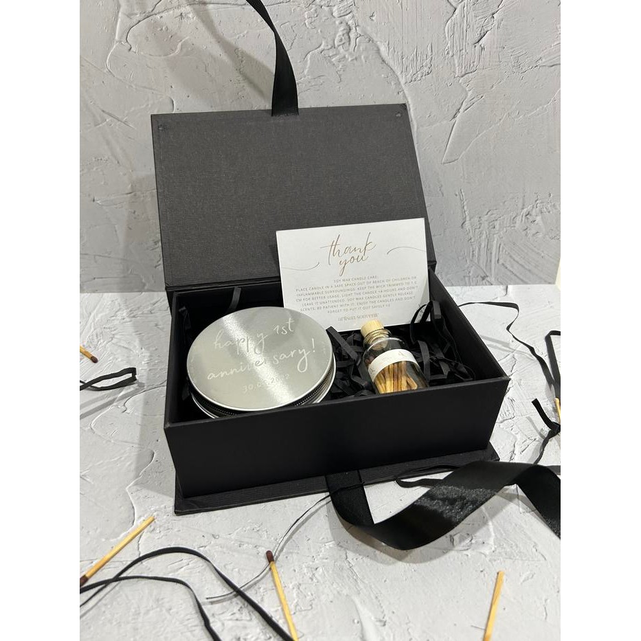 Kado Custom Engraved Tin Jar Candle - Set dengan Box Premium (+Glass Bottle Matches) Kado Ultah Kado
