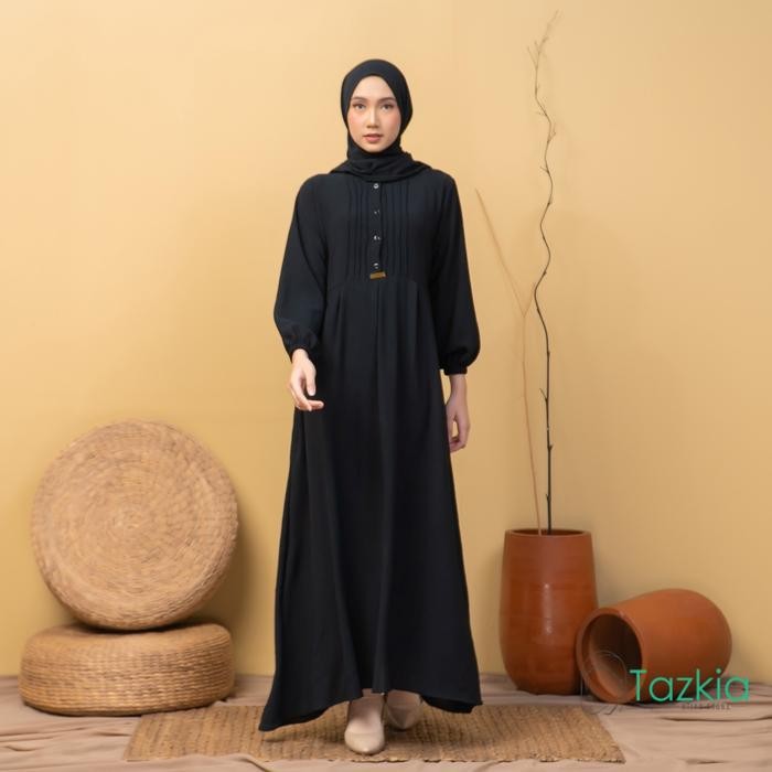 Pilihan- Dress Muslim Wanita Gamis Set Pashmina Azalia Black Polos Crinkle