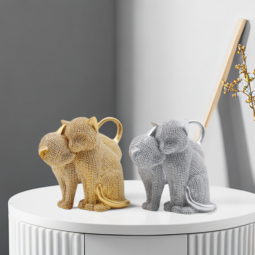 Cartoon Animal Sculpture Couple Cats Imitation Cat Resin Gold Bead Stitching Decorative Figurines Ho