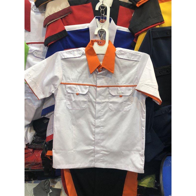 DISKON Seragam kerja putih kombinasi orange - baju kerja putih motif Oren