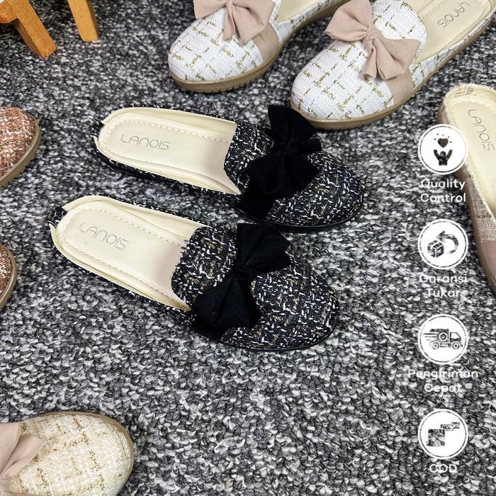 Donatello - Sepatu Sandal Slip On Wanita Sepatu Flatshoes Pesta Sol Karet Anti Licin Motif Pita