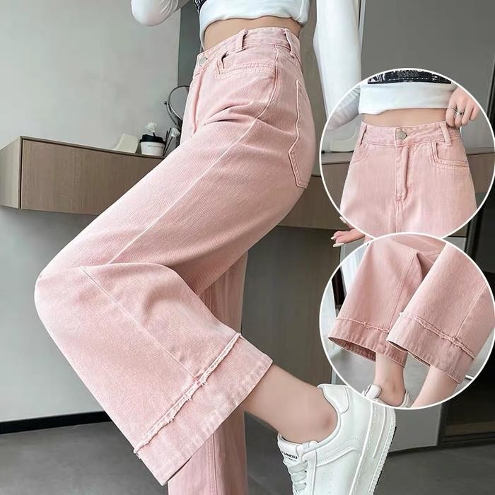 9qli- Celana Panjang Jeans Wanita Korea Model Kulot Pink - Dewasa High Waist Baggy Ootd