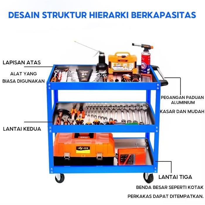 REAIM LOGAMTROLI BENGKEL RAK 3 SUSUN TROLLY RAK KUNCI BENGKEL TROLLEY TROLI KAPASITAS BANTALAN 150KG