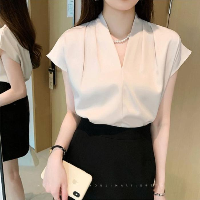 Premium Atasan Wanita Satin V-Neck Blus Lengan Pendek Gaya Korea, Cocok Untuk Kantor Original