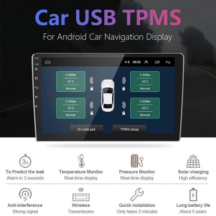 TPMS utk Headunit Android dgn 4 Sensor Sistem Alarm USB Android