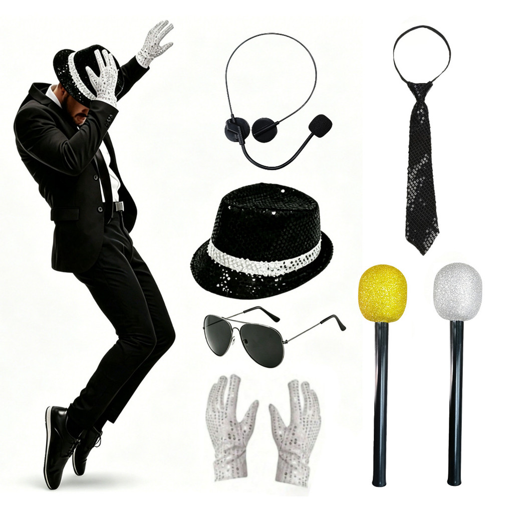 Michael Jackson Sequined Costume Accessories Set Hat Gloves Tie Sunes Headset Microphone Halloween