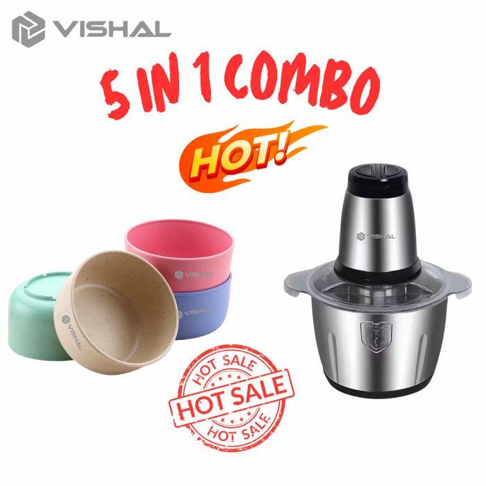 Mitochiba Kitchen - Paket Combo 2in1 Set 4 Pcs Mangkuk Bulat Jerami+Blender Daging Mesin Penggiling