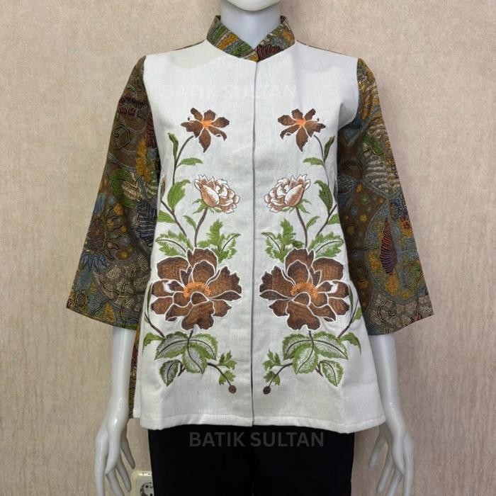 Atasan Blouse Batik Wanita Kain Katun Hand Print Kombinasi Linen Bordir Premium Elegan Lapisan