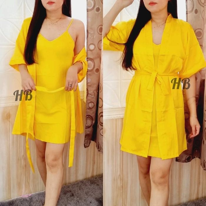 Hawaiianbanana Baju Tidur Kimono Dress Polos Satin Satu Tali Sexy (L-Xl) / Satin Import Premium