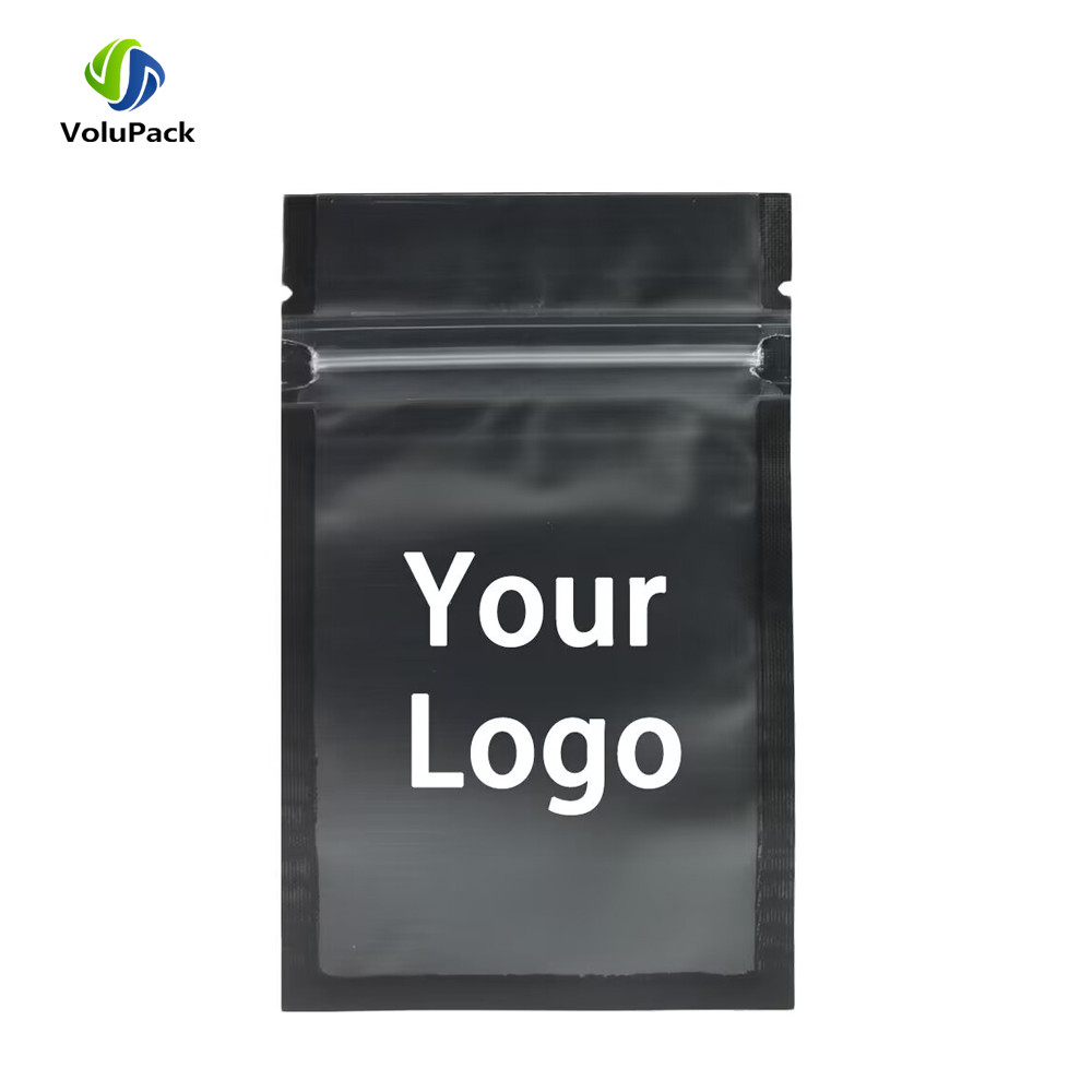 Custom Logo Printed Ziplock Flat Mylar Bag , Smell Proof Heat Sealable Mate Black Food Packaging Pou