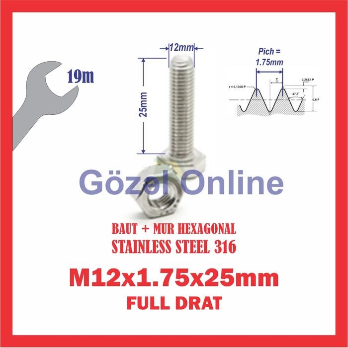 Baut Mur hex M12 x1.75 x25mm FULL DRAT Stainless Steel 316 SS316 SUS316