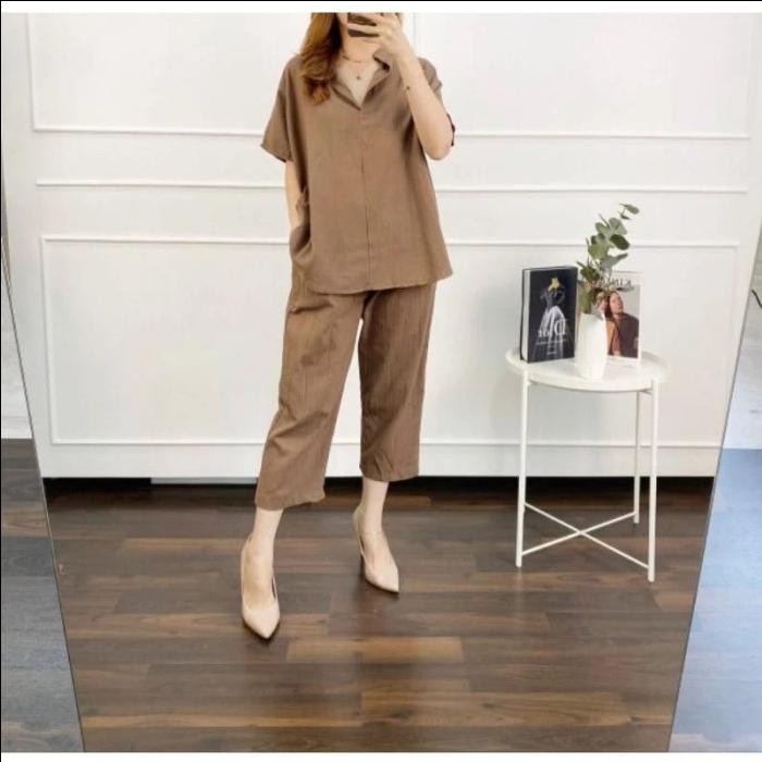Setelan Wanita One Set Rayon Polos PajamasBaju Set Celana Tanggung 7/8
