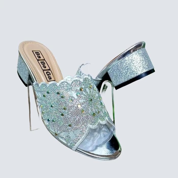 Ready Sandal Pesta Wanita Upper Import Model Tapak Lebar Bahan Brukat Hak Tahu 5Cm Size 36-41